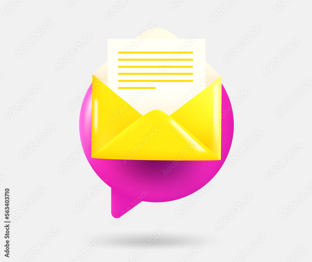 Poster speech cloud with opened envelope with paper sheet. 3d vector isolated illustration