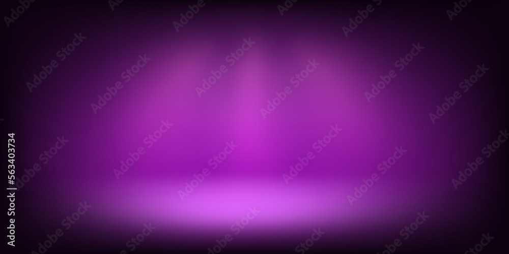 Poster Abstract illuminated empty violet stage with bright projectors. Design template. 3d vector background