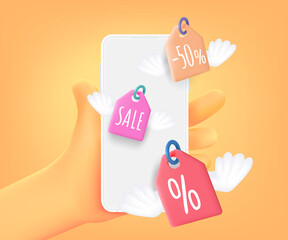 Get discounts in internet shop via mobile app. 3d vector concept
