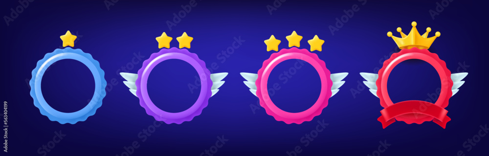 Poster Different rank emblems with empty circle frames. Game achievement badges collection. 3d vector clipart