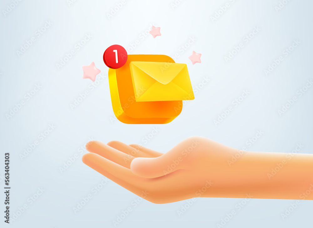 Poster New email letter concept. Hand with envelope button. 3d vector mobile application icon with notification
