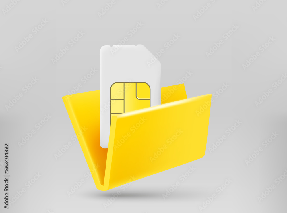 Poster yellow folder with mobile phone sim card. 3d vector illustration