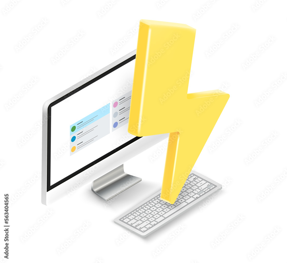 Poster computer and thunderbolt. isometric vector illustration with pc