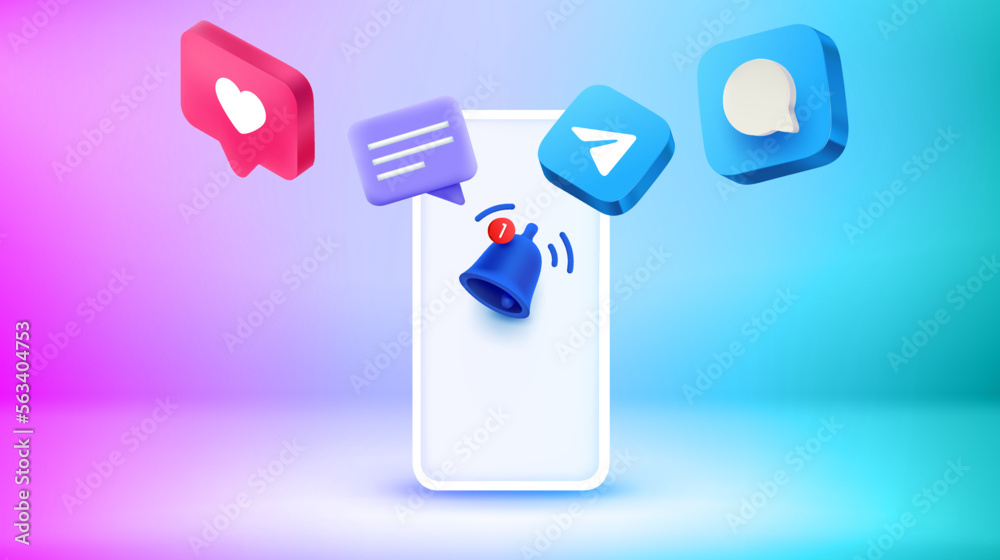 Aufkleber Modern smartphone with social media icons ans messages. New messages concept. Vector 3d banner 