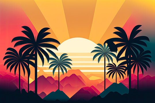 Tropical palm trees sunset design, background, graphic. Generative AI