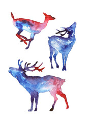 Bright colored watercolor images of deer. Stains, streaks, splashes. New illustration for poster or print. - 563405116