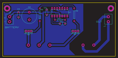 Fototapeta na wymiar A printed circuit board of an electronic device with components of radio elements, conductors and contact pads placed on it. Vector engineering drawing of a pcb.