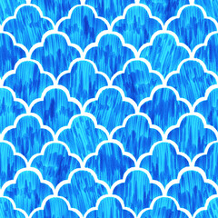 Seamless wavy pattern. The ornament is drawn with markers. Blue and white textile print. Grunge texture.
