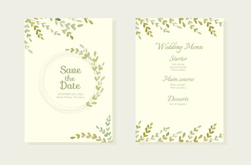 Fototapeta na wymiar Herbal minimalistic vector frame. Hand painted branches on white background. Greenery wedding invitation. Watercolor style.