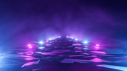 3D Futuristic Concept World, Scene With Blue And Purple Neon Spheres Above The Destroyed Surface. No People. 3D Abstract Backdrop With Elements For Banners, Posters, Templates. Fashion Render Design