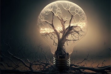Light bulb with little plants inside, background, sustainability concept. AI digital illustration