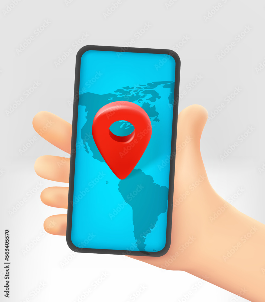 Poster Cartoon hand holding modern smartphone with navigation application with America map. 3d vector illustration with copy space