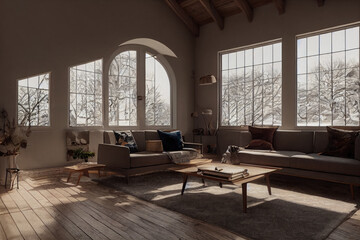 Fototapeta na wymiar Beautiful Spanish Modern Interior with Earth Toned Wall in Winter Made with Generative AI