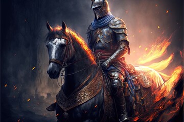 Medieval knight illustration on horseback with flaming background. Generative AI