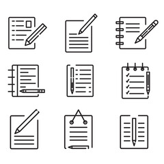 Notepad Icon set, different style notepad icons, outline notebook icon set with pencil icons pro vector