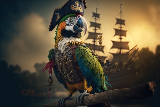 Landscape illustration with pirate parrot with sea, sky and pirate ship in the background. Generative AI