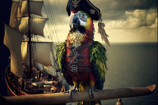 Landscape illustration with pirate parrot with sea, sky and pirate ship in the background. Generative AI