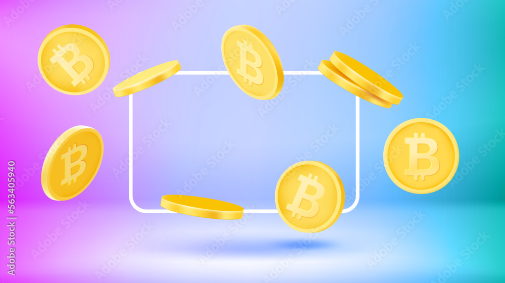 Aufkleber poster template with bitcoins and empty frame. new post concept. vector 3d banner