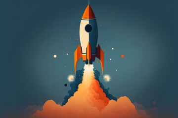 Digital illustration of rocket taking off releasing smoke on blue background. Generative AI