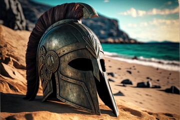 Spartan soldier helmet illustration on the beach, sea and sky in the background. Generative AI - obrazy, fototapety, plakaty