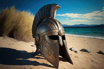 Spartan soldier helmet illustration on the beach, sea and sky in the background. Generative AI - obrazy, fototapety, plakaty