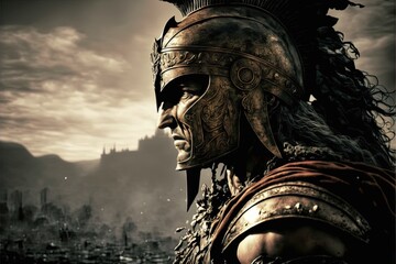 Spartan soldier illustration with helmet and battlefield in background. Generative AI - obrazy, fototapety, plakaty