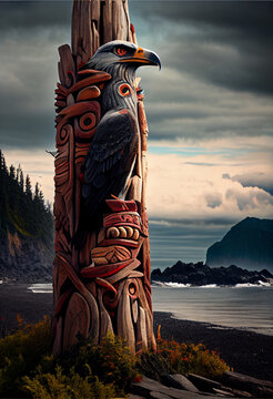 Totem pole on the west coast of North America  carved by indigenous people like the Haida; generative AI. 

