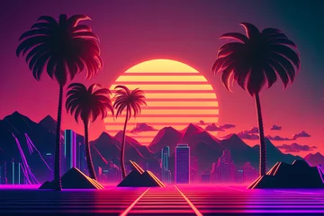 Fotobehang Synthwave retro city landscape with sun in the middle. Postproducted generative AI digital illustration. © LeArchitecto