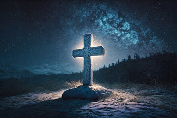 Illuminated Christian cross and starry night Postproducted generative AI digital illustration.