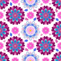 Seamless pattern of multicolored snowflakes, ornament, flower.
