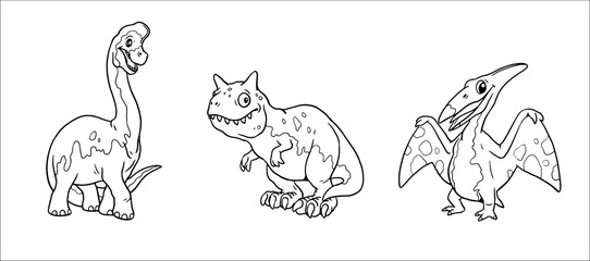 Cute dinosaurs brachiosaurus, carnotaurus and pteranodon for coloring. Vector template for a coloring book with funny dinosaur. Coloring template for kids. © Lunstream