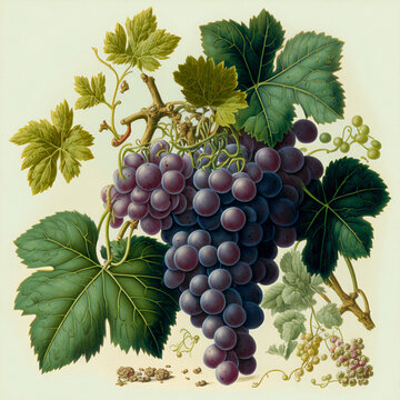 Purple blue grapes on  grapevine plant as in vintage botanical illustration, victorian still life on creamy paper  background made with generative AI