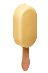 PNG. Ice cream in white chocolate glaze on a wooden stick. Isolate
