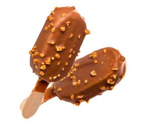 PNG. Ice cream in a glaze of milk chocolate and nuts on a wooden stick. Isolate on a white background