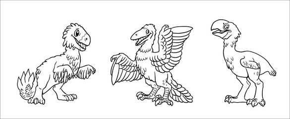 Cute dinosaurs utahraptor, archaeopteryx and titatnis for coloring. Vector template for a coloring book with funny dinosaur. Coloring template for kids.