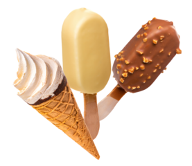 PNG. Ice cream in glaze on wooden sticks and ice cream in a waffle cup. Isolate on a white background