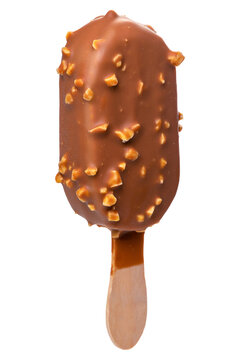 PNG. Ice cream in a glaze of milk chocolate and nuts on a wooden stick. Isolate on a white background