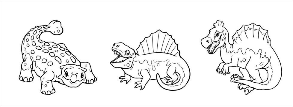 Cute dinosaurs ankylosaurus, spinosaurus and dimetrodon for coloring. Vector template for a coloring book with funny dinosaur. Coloring template for kids.