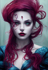 Beautiful Red Haired Vampire with Rose Tattoo. [Fantasy / Historic / Horror Character Portrait. Generative AI.  Graphic Novel, Video Game, Anime, Comic Book, or Manga Illustration.]