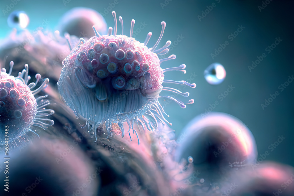 Wall mural microscopic electron macroscopic close view of cells and ovum attacked by virus and bacterias scienc