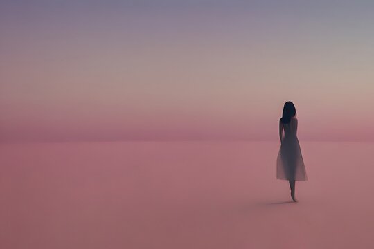 silhouette of a woman in the desert, pink soft color, copy space, generative ai illustration