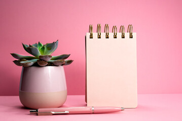 Mockup notepad, green succulent, numbers 2023 on pink background. Female new year resolutions. Women's plans for 2023. Pink calendar 2023 conception. Copy space.