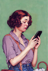 Vintage 1940s Woman Looking at Her Smart Phone. Anachronism. [Fantasy / Historic / Horror Character Portrait. Generative AI. Graphic Novel, Video Game, Anime, Comic [Book, or Manga Illustration.]
