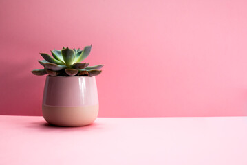 Green succulent pot isolated on pink background. succulent pot. pink background. succulent plant  in modern cement planters on pink background with copy space.Mini succulent in pot on pink background