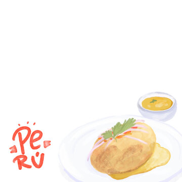 Ilustración de comida peruana típica, papa rellena con ají y cebolla, nombre Perú en lettering