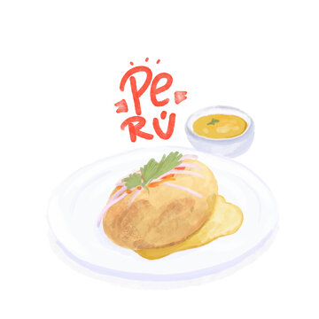 Ilustración de comida peruana, papa rellena con ají y cebolla.