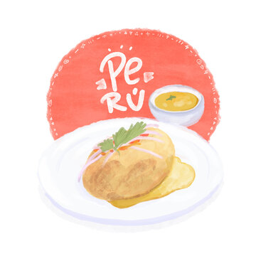 Ilustración de papa rellena, comida típica peruana con lettering de la palabra Perú
