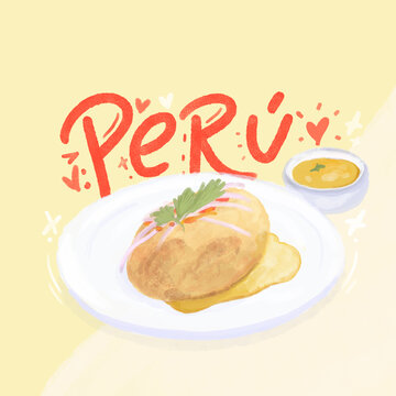 Ilustración de comida peruana, plato típico, papa rellena, con fondo amarillo y lettering