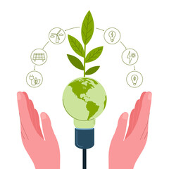 Save energy planet. Hands around the planet. Respect for natural resources. Saving natural energy resources.