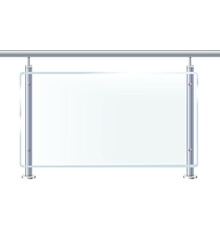 Glass or plexiglass fence with banisters. Architectural guardrail for balcony or office terrace.